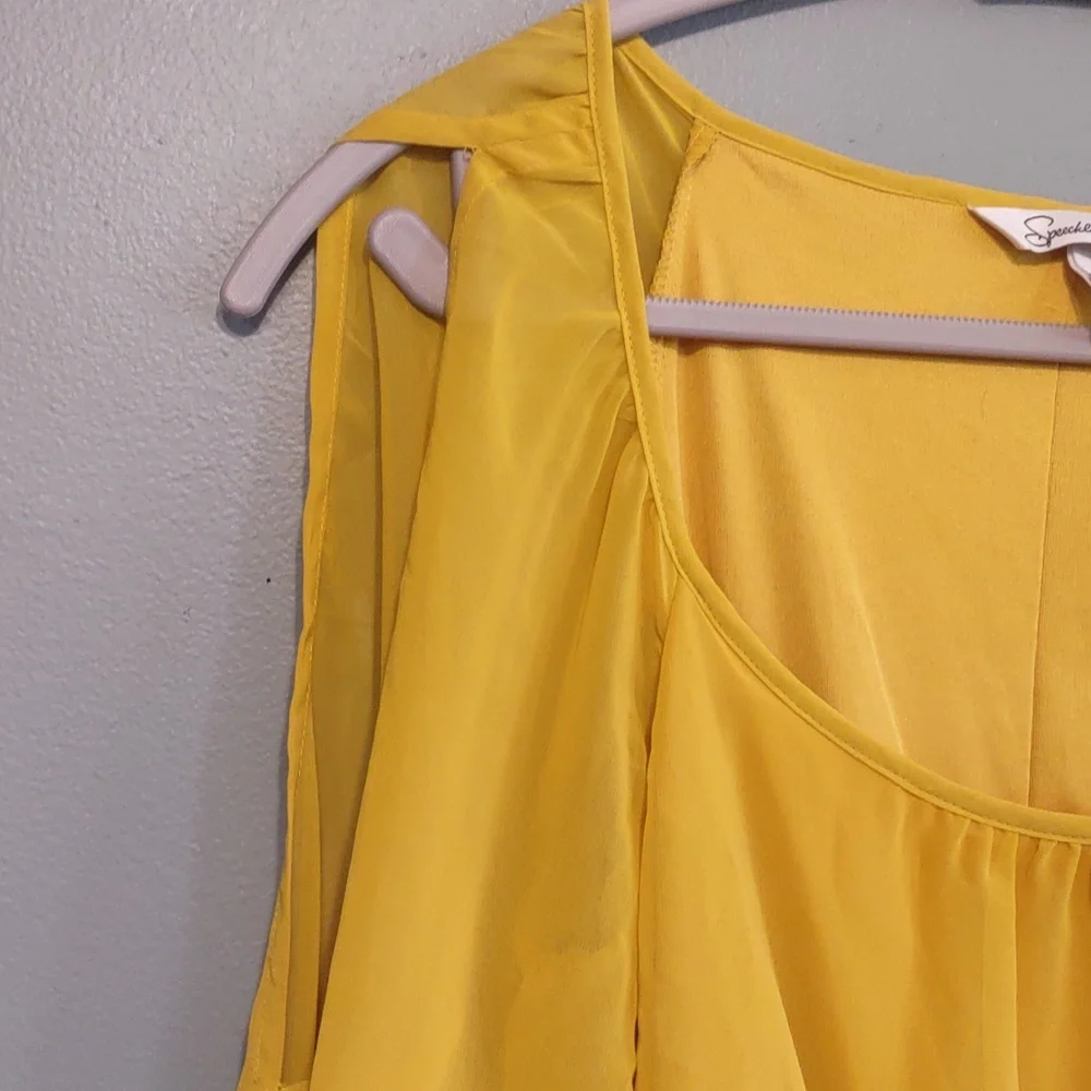 Speechless Women's Dress Sz S Fall Autumn Mustard Yellow sheer sleeves Fit Waist - Picture 3 of 9